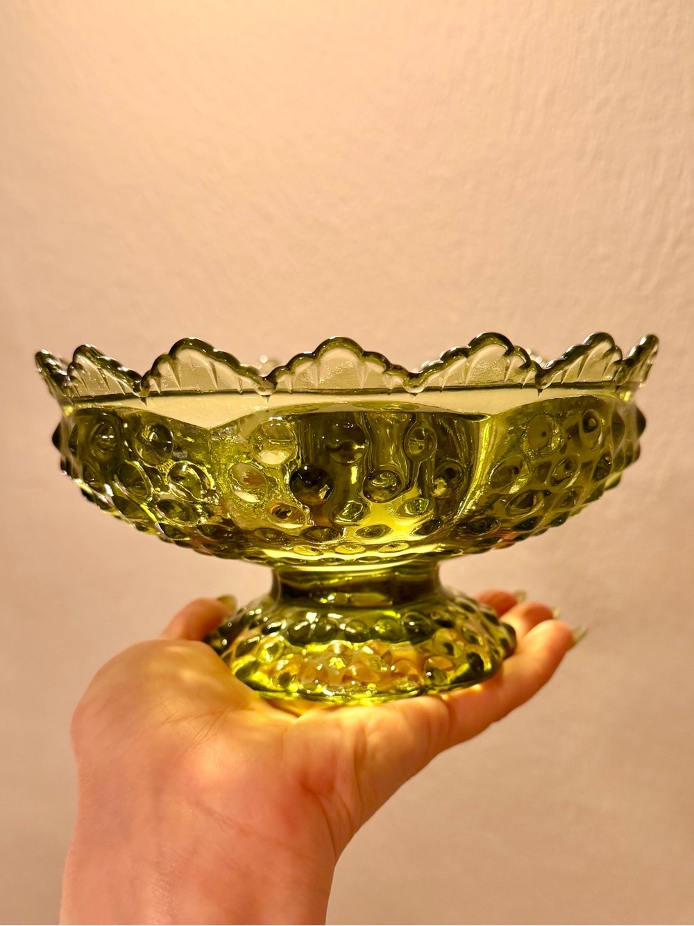 60s-70s Vintage 🌿 Fenton Art Glass Colonial Green Hobnail Candle Bowl - Picture 1 of 4